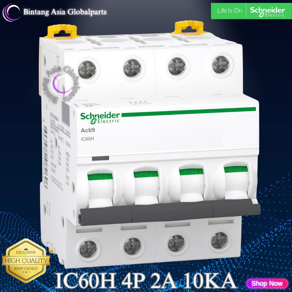 MCB 4p 2a Schneider iC60H Original / MCB 4 Phase 2 Ampere A9F84402 / MCB 4 Pole 2a 10kA