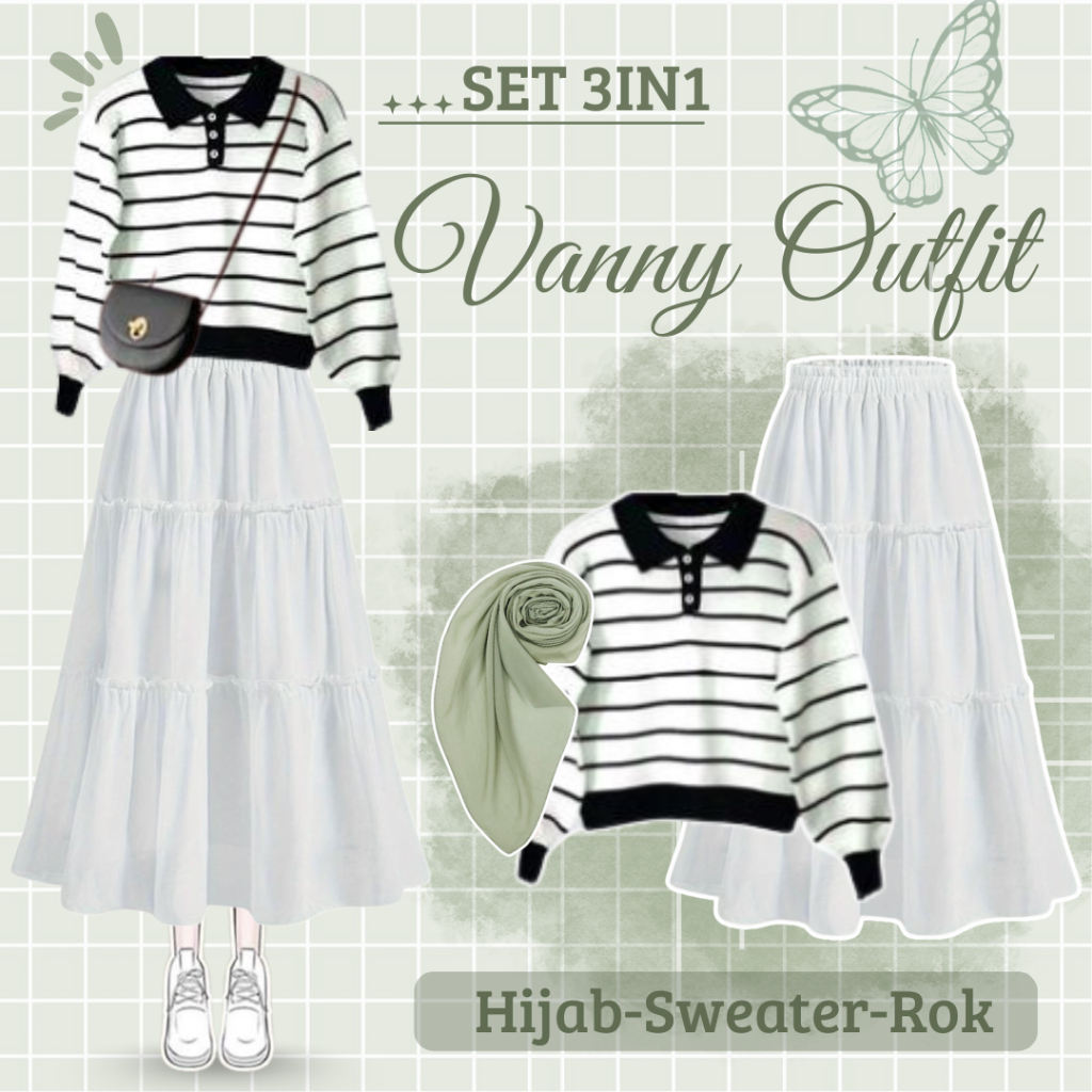 One Set Wanita Kekinian (Sweater Polo Motif Stripe Mint + Rok Susun Putih + Hijab Bella Sage) QNL059