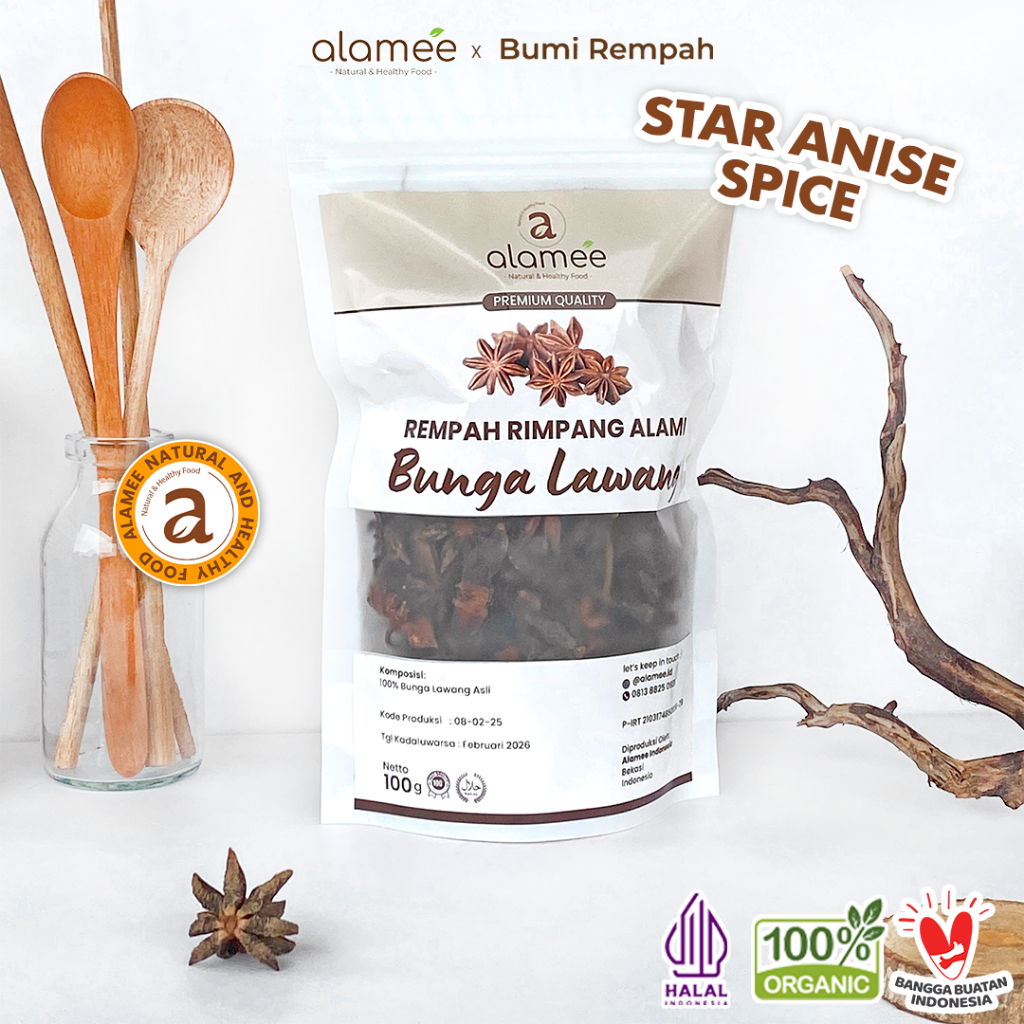 

ALAMEE Bunga Lawang Kering Pekak Star Anise Rempah Organik Alami Bumbu Seasoning Masakan Masak 100gr