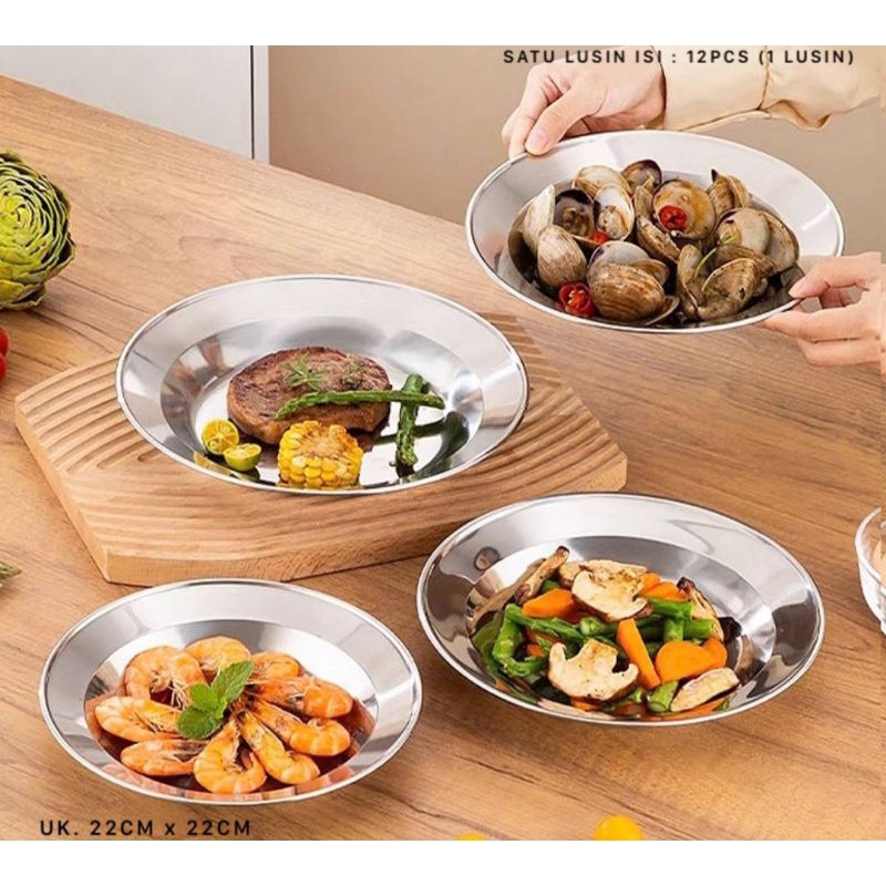 Piring Makan Stainless Ukuran 22 Cm 12 Pcs / 1 Lusin