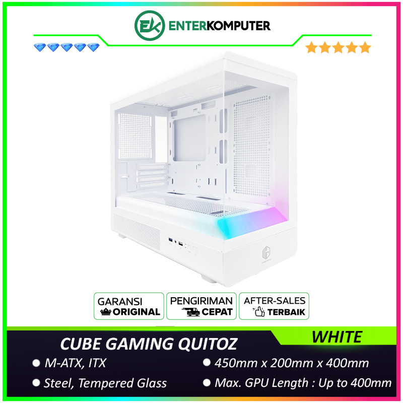 CUBE GAMING QUITOZ WHITE - mATX Gaming Case - All White Inside - Panoramic View - Front RGB BAR