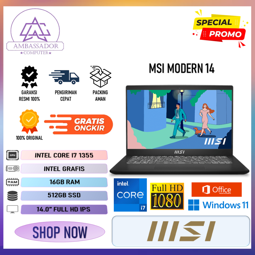Laptop msi modern 14 intel I7 1355 ram 16gb ssd 512gb layar 14.0" full hd ips