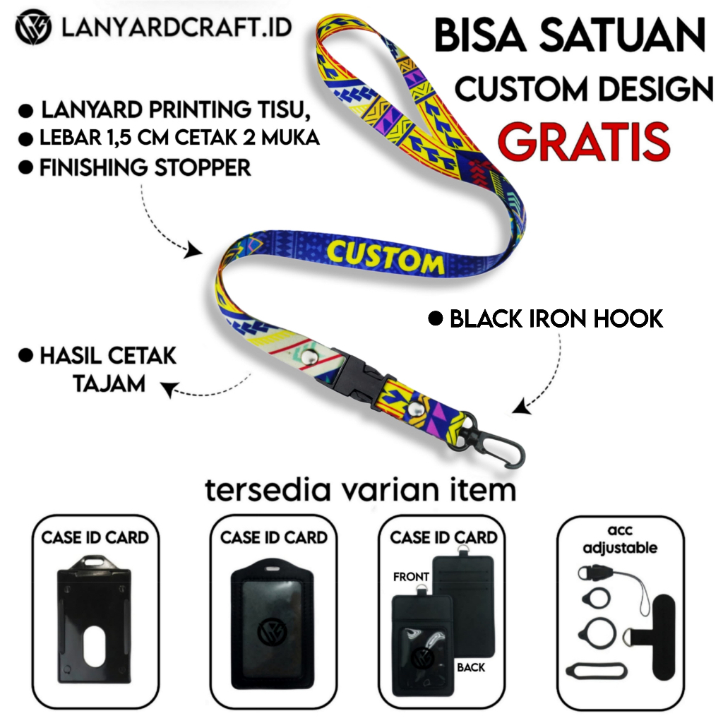 

[CUSTOM SATUAN] Custom Lanyard Size 1,5cm Type SS-BH Lanyard Id Card Printing / Lanyard Custom Desain Satuan