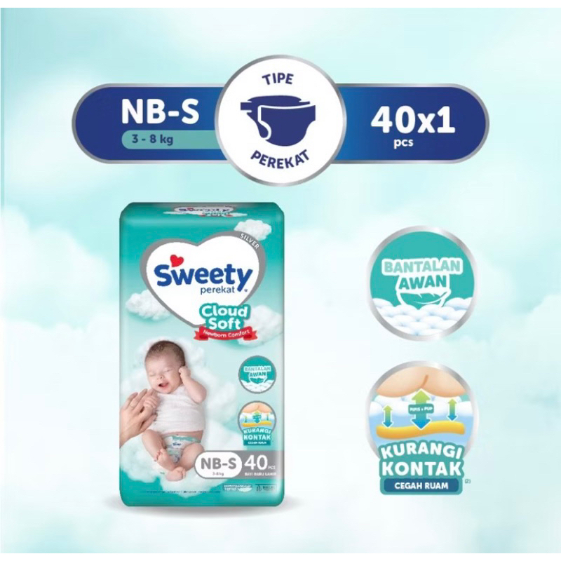 Pampers Sweety Cloud Soft Silver Diapers Popok Bayi Perekat  NB/S 40
