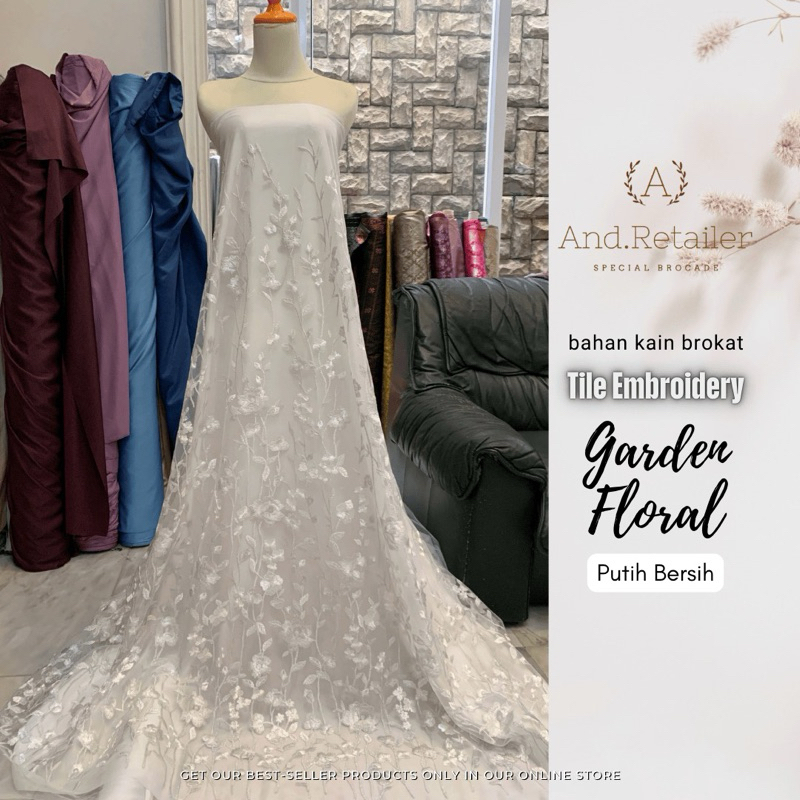 Bahan kain Kebaya Mewah Brokat Tile Embroidery GARDEN FLORAL Benang Metalic Warna putih Bersih
