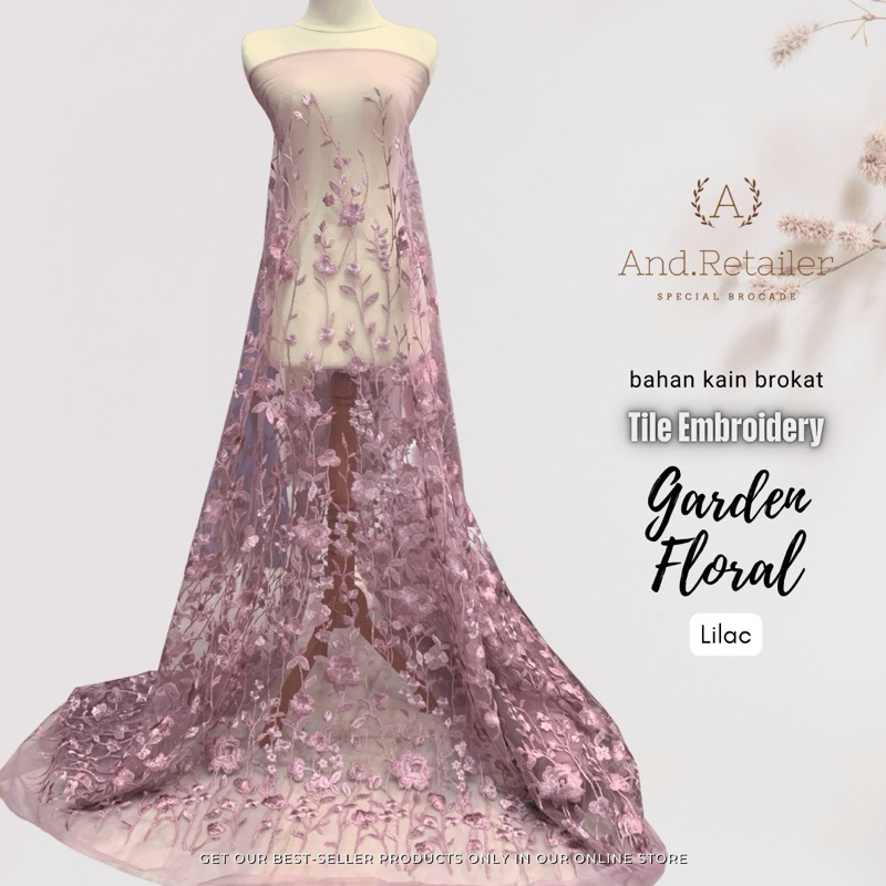 Bahan kain Kebaya Mewah Brokat tile Embroidery GARDEN FLORAL Benang Metalic Warna Lilac