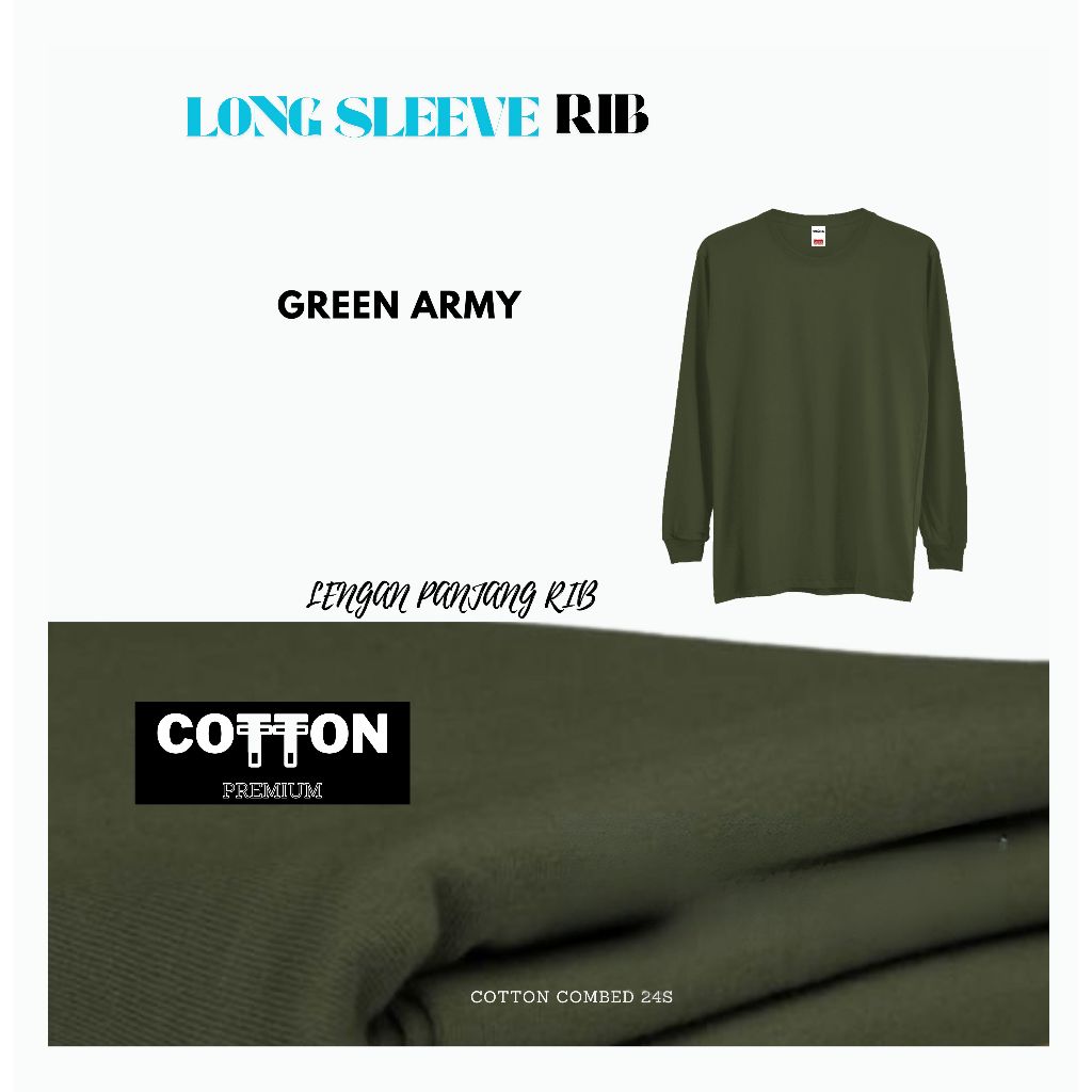PREMIUM Kaos Polos Hijau Army Lengan Panjang Rib Premium Cotton Combed 24s