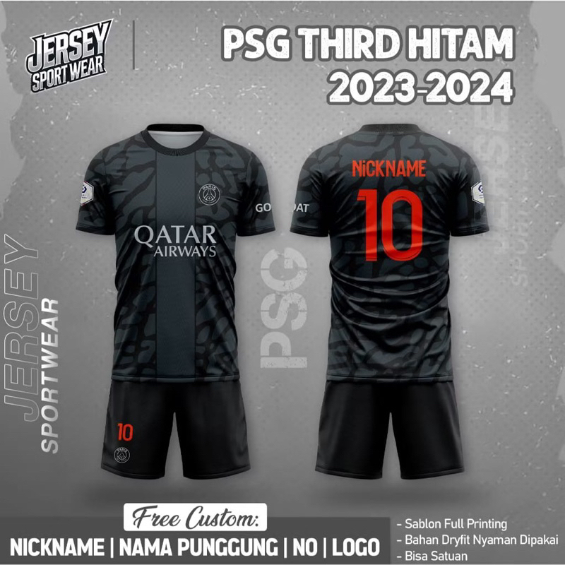 Baju Jersey Sepak Bola Custom Sepak Bola PSG THIRD HITAM Full Printing Free Custom Nama dan Nomor