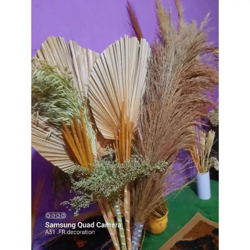 bunga kering tanpa pot/pal kering/vas guci/vas rotan/dekorasi rustic/dreid flower/bunga hias ruang t