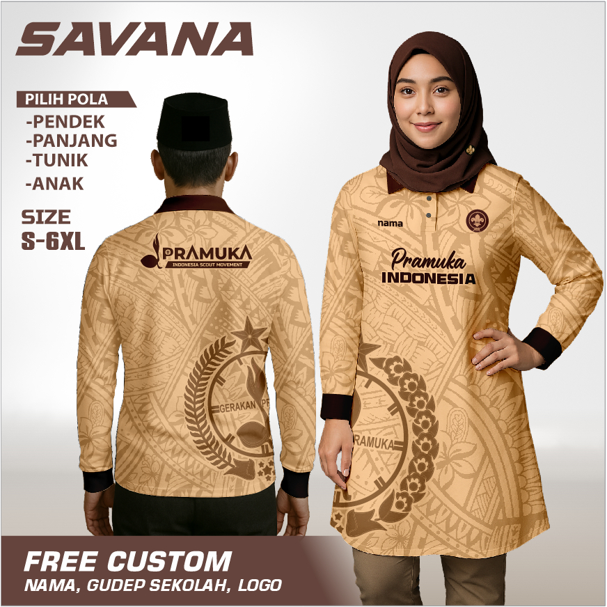 SAVANA - Jersey PRAMUKA Vnek / Panjang / Berkerah / tunik  printing penggalang pdh pdl custom / baju