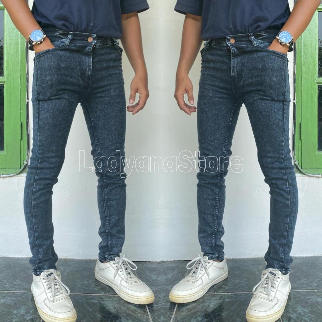 Celana Jeans Panjang Pria Dewasa Snow Black Hitam Blue Biru Pensil Skinny Stretch Street Strit Karet