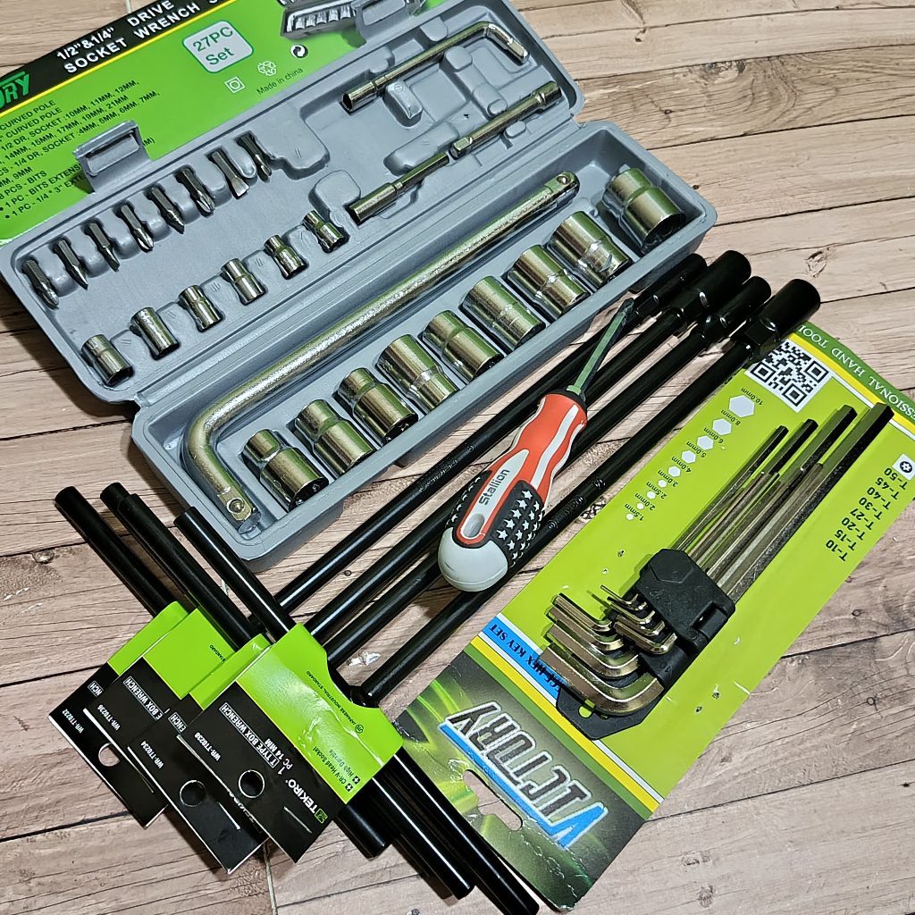 TEKIRO Kunci T 4pcs 8-10-12-14mm + Kunci Sok Shock 27pcs Victory + Kunci L Set 9pcs panjang