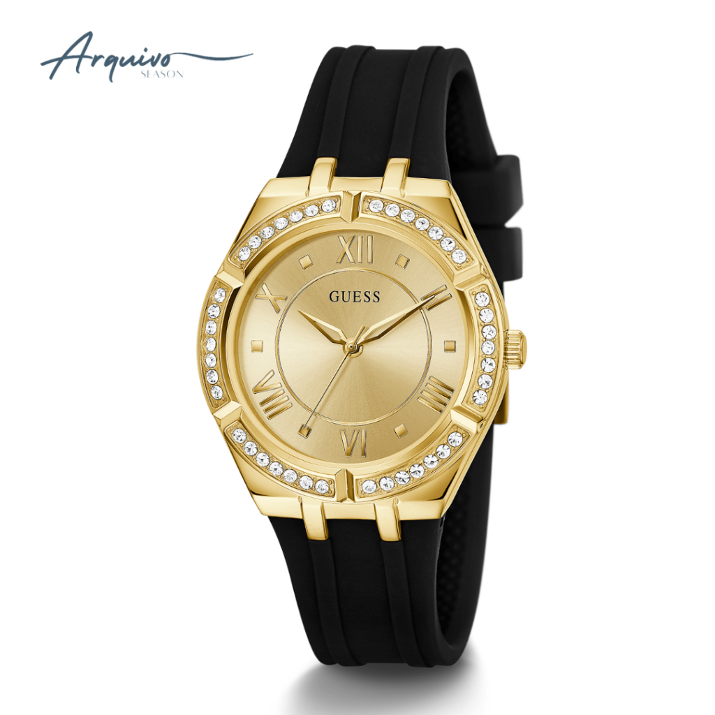Jam Tangan Guess Wanita Cosmo Black Rubber Gold Dial Casual Mewah Original GW0034L1