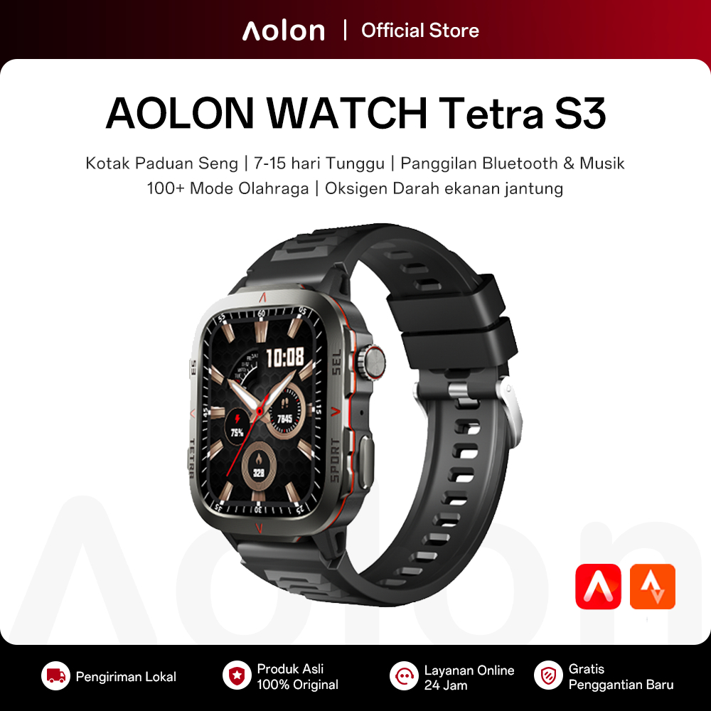 Aolon Tetra S3 Smartwatch Anti-scratch Jam Running Pria Pace 3ATM Waterproof 100+ Sports Mode Blueto