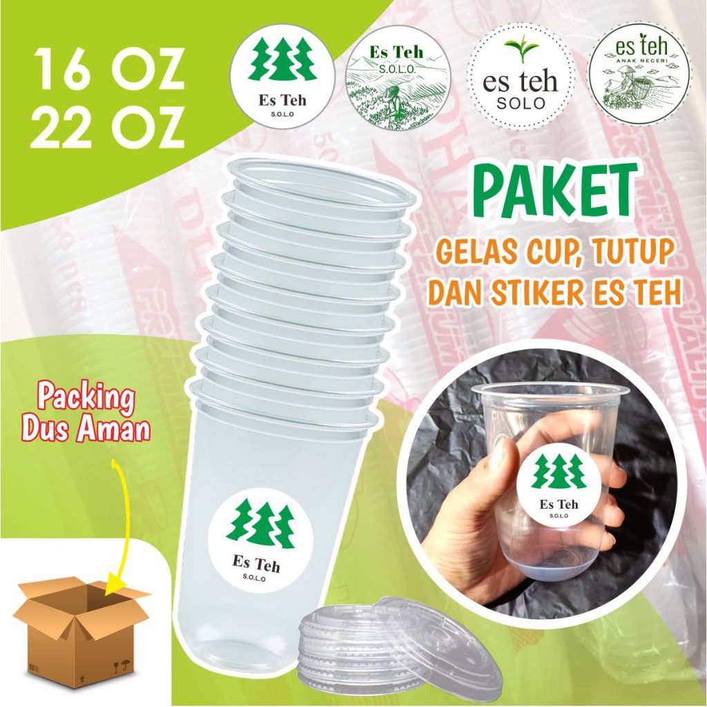 GELAS PLASTIK CUP OVAL ES TEH SOLO 16 OZ / 22 OZ TEBAL PLUS TUTUP DAN STIKER