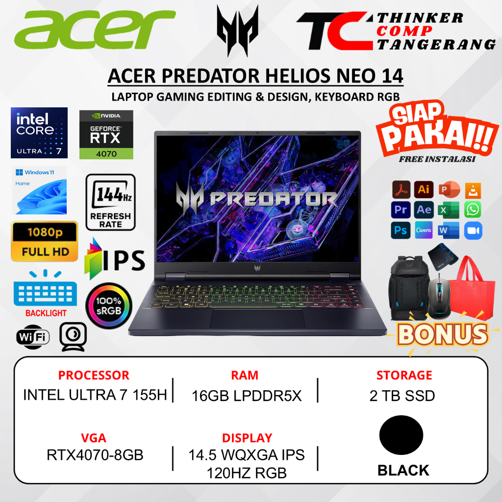 Laptop Gaming Acer Predator Helios Neo PHN14-51 Intel Ultra 7 155H 16GB DDR5 1TB SSD RTX4070-8GB 120