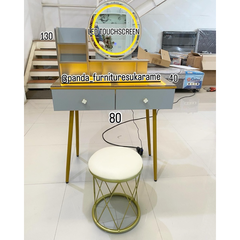 Meja Rias Import Kaca Bulat Lampu LED + Kursi puff