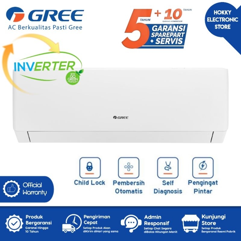 GREE GWC-18F5S AC 2 PK Inverter Gree 18F5S Gold Fin Smart Cleaner R32 Garansi Resmi Gree Indonesia A