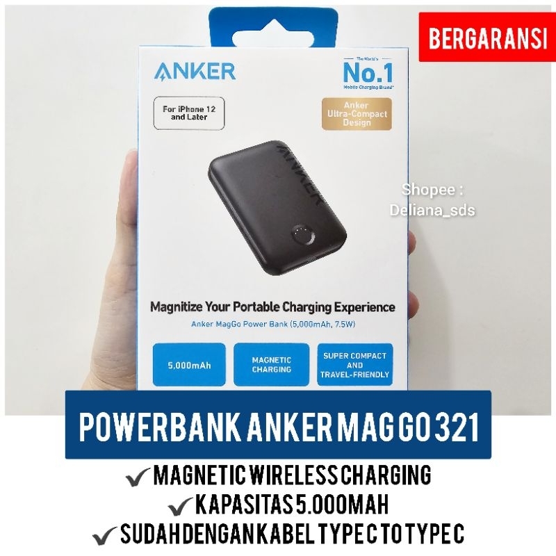 Powerbank Anker Mag Go 321 Magnetic Wireless Charger 5.000mAh Garansi Resmi 1 Tahun Powerbank Wirele