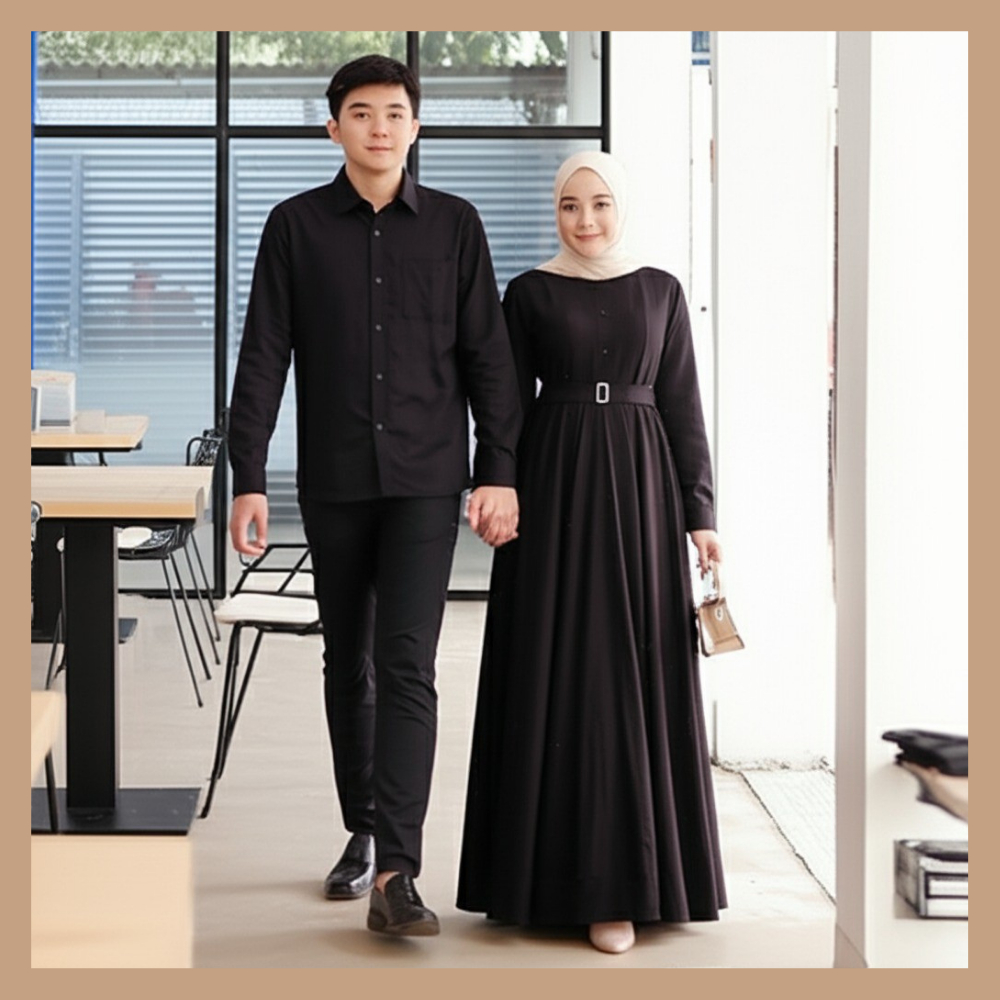 GAMIS COUPLE PASANGAN SUAMI ISTRI HARMONIS WARNA BLACK TERBARU BY JURAGAN BAJU MUSLIM