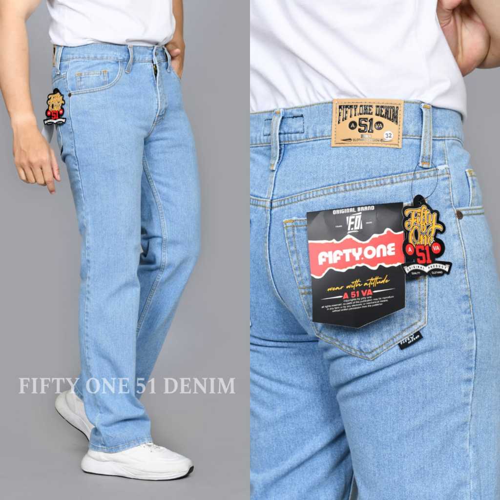 FIFTY ONE - Celana Jeans Pria Standar Reguler Fit Biru Muda / Celana Jeans Biru Muda