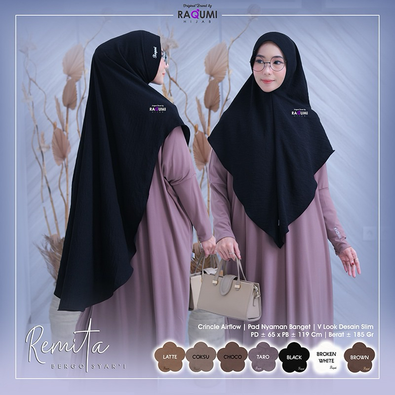 Jilbab Instan Bergo Syar'i Remita Original RAQUMI HIJAB Crinkle Airflow Premium Jumbo PD 65 PB 119 P