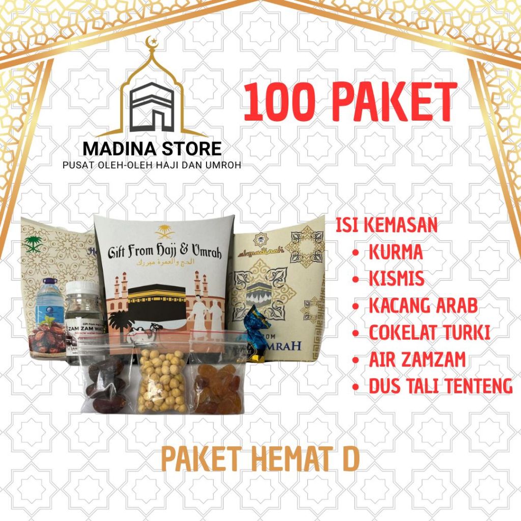 

Paket Hemat 100pcs Oleh-oleh Haji dan Umroh Paket D 100 isi Air Zamzam