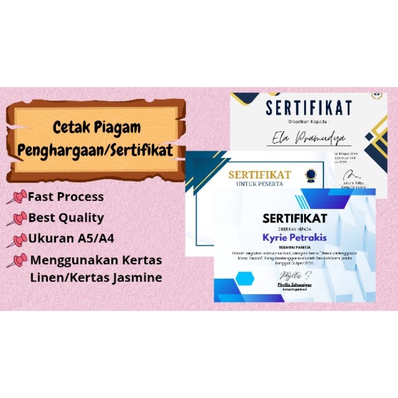 

Cetak Piagam / Sertifikat ukuran A5/A4