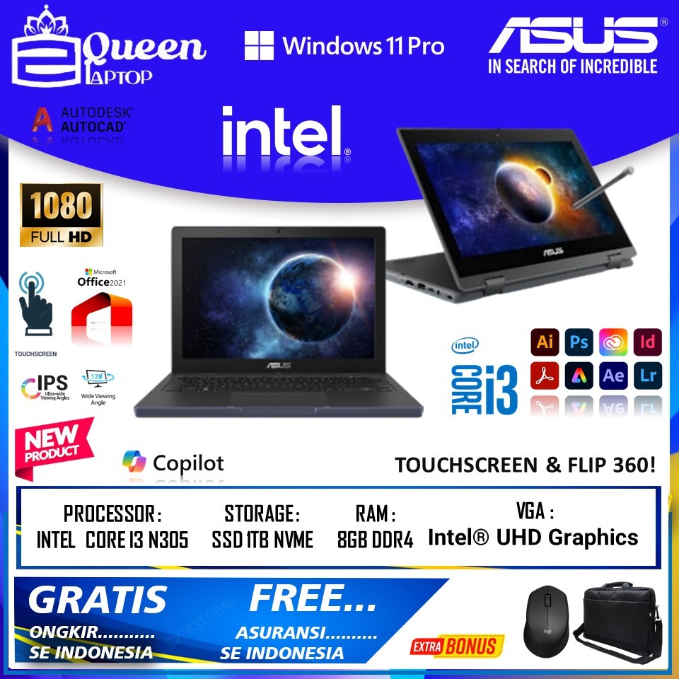 Laptop Touchscreen Asus BR1402FGA P31T 2IN1 INTEL CORE I3 N305 16GB DDR4 1TB FHD  PEN WIN11PRO ori
