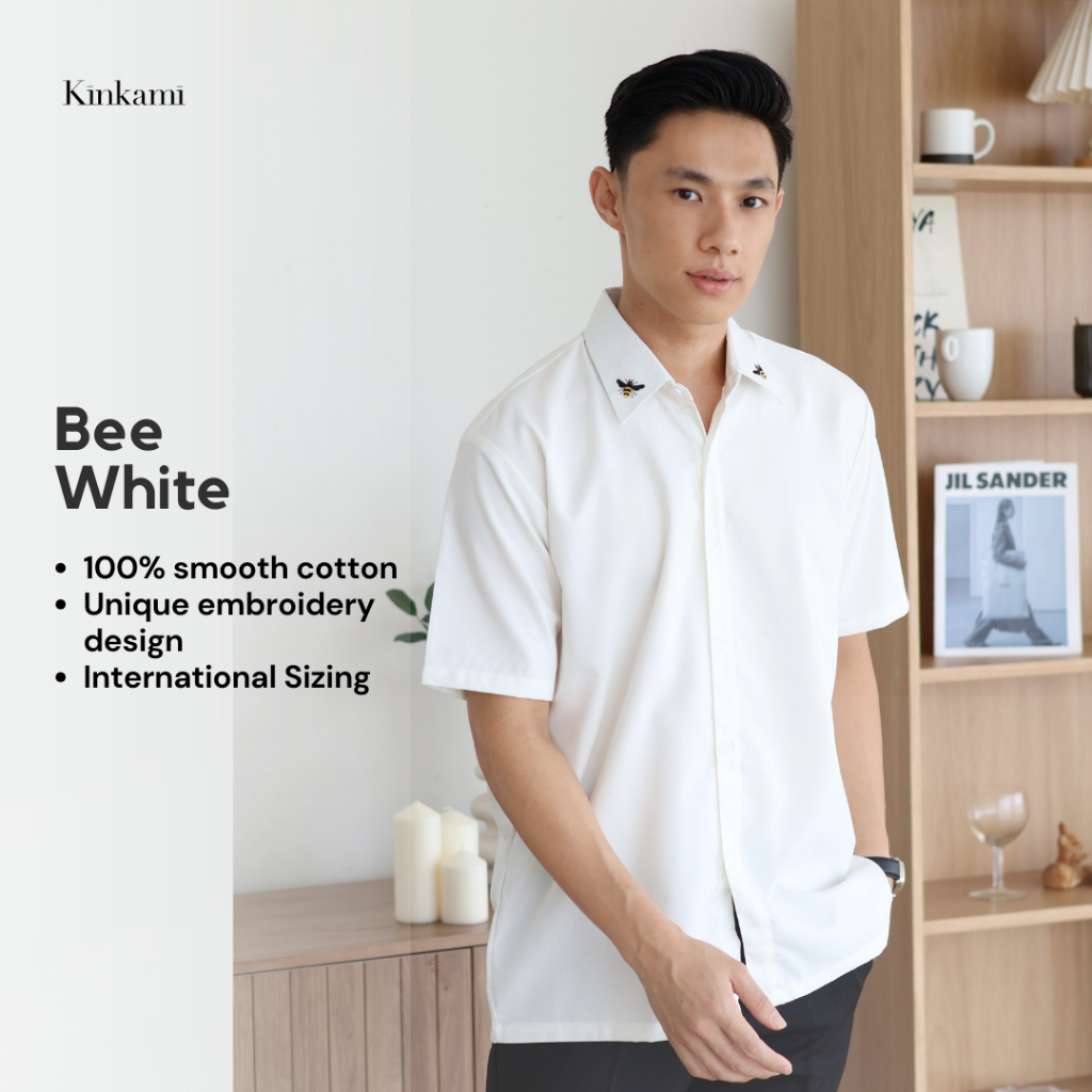 Kemeja Pria Lengan Pendek Premium Bordir | BEE White by KINKAMI