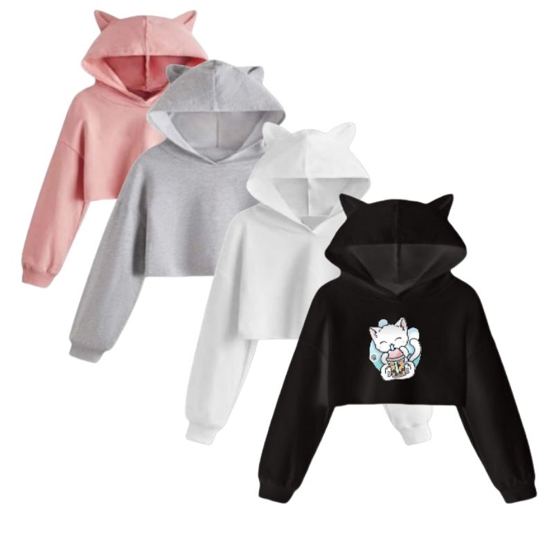 Baju Sweater Hoodie Telinga CropTop Gambar Boba Viral Untuk Anak Perempuan Usia 3-13 Tahun