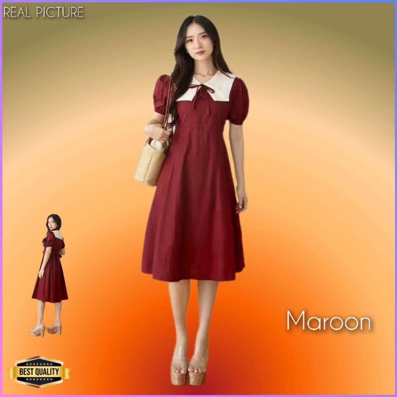 Gaun Midi Dress Pesta Wanita Meilin LD 100 Jumbo LD 130 Bigsize Maroon
