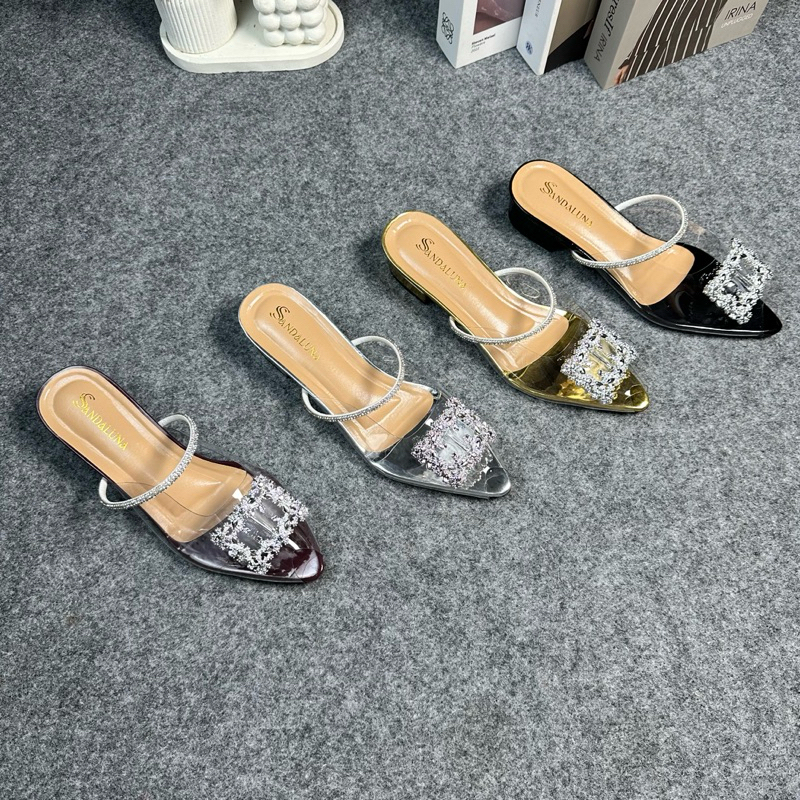 SANDALUNA- Sepatu Heels Wanita Terbaru Mika Kaca Transparan Tali Mutiara Pesta Hak Tahu 3cm Kekinian