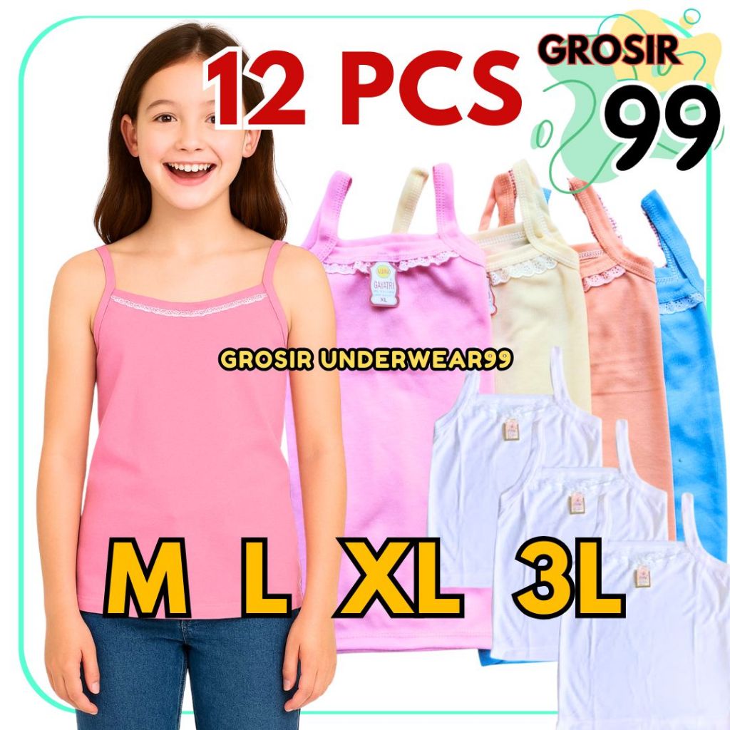 TERLARIS 1 LUSIN 12 Pcs Kaos Dalam Cewek - Singlet Anak Perempuan Renda dan Remaja GROSIR99
