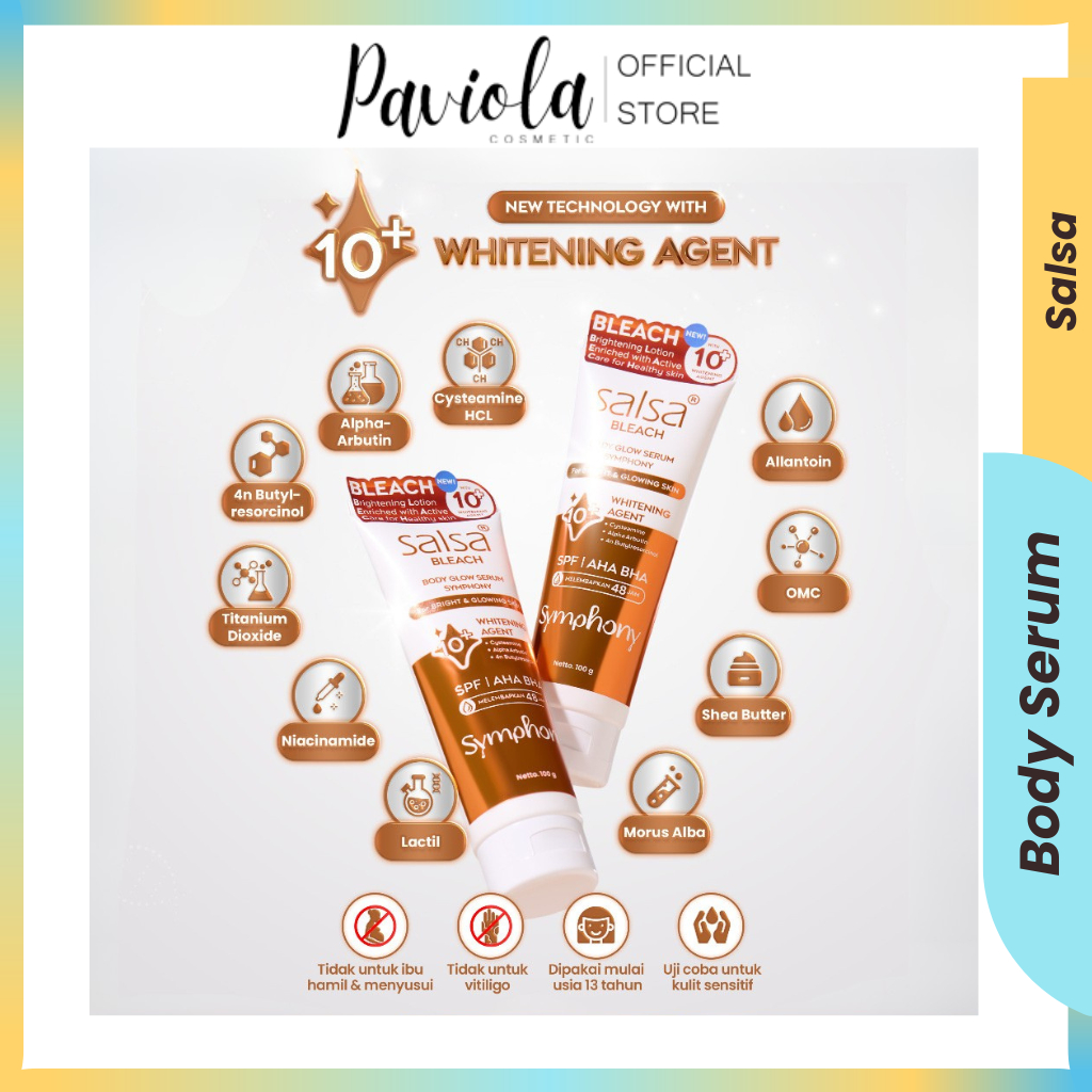 Salsa Bleach Body Glow Serum Symphony 100ml - Whitening 10+ Agent, Cerahkan & Lembapkan 48 Jam | Pav