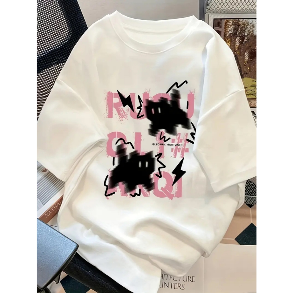 TTHREE Women's Oversized Graphic Tee  Fun Cat Print  White