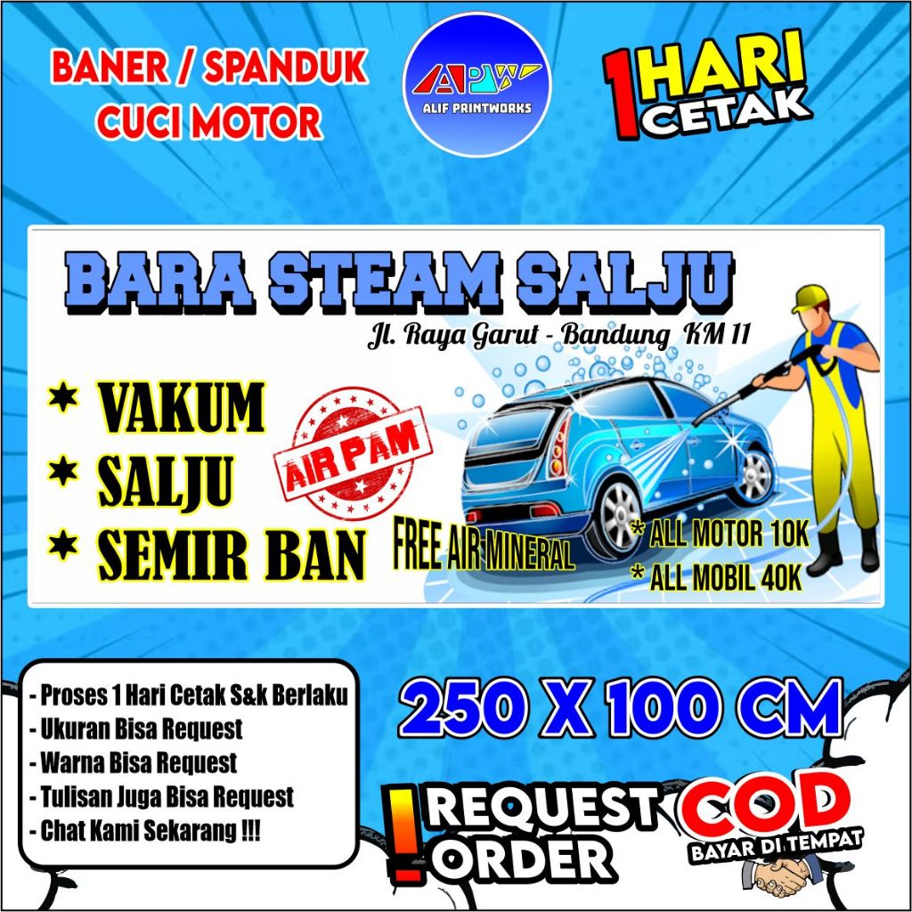 Spanduk Banner Cuci Mobil Motor / Spanduk Cucian Mobil 250x100cm