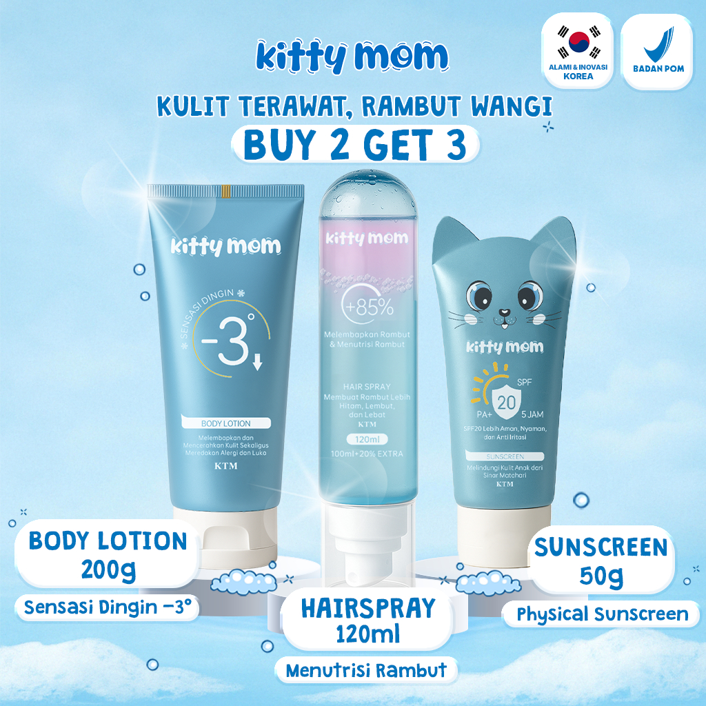 SALE (BUNDLING BUY 2 GET 3) Kitty Mom Baby Care Bundle Body Lotion, Hairspray & Sunscreen - Lembut &