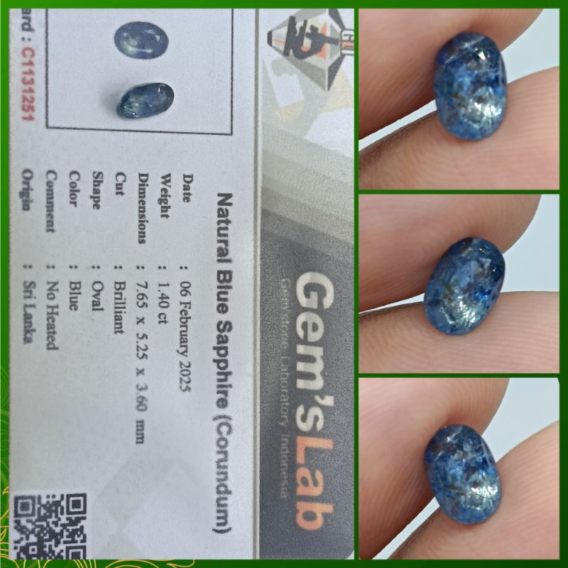 Natural Blue Sapphire Ceylon 1,4ct Sri Lanka Memo GLI Safir Kristal