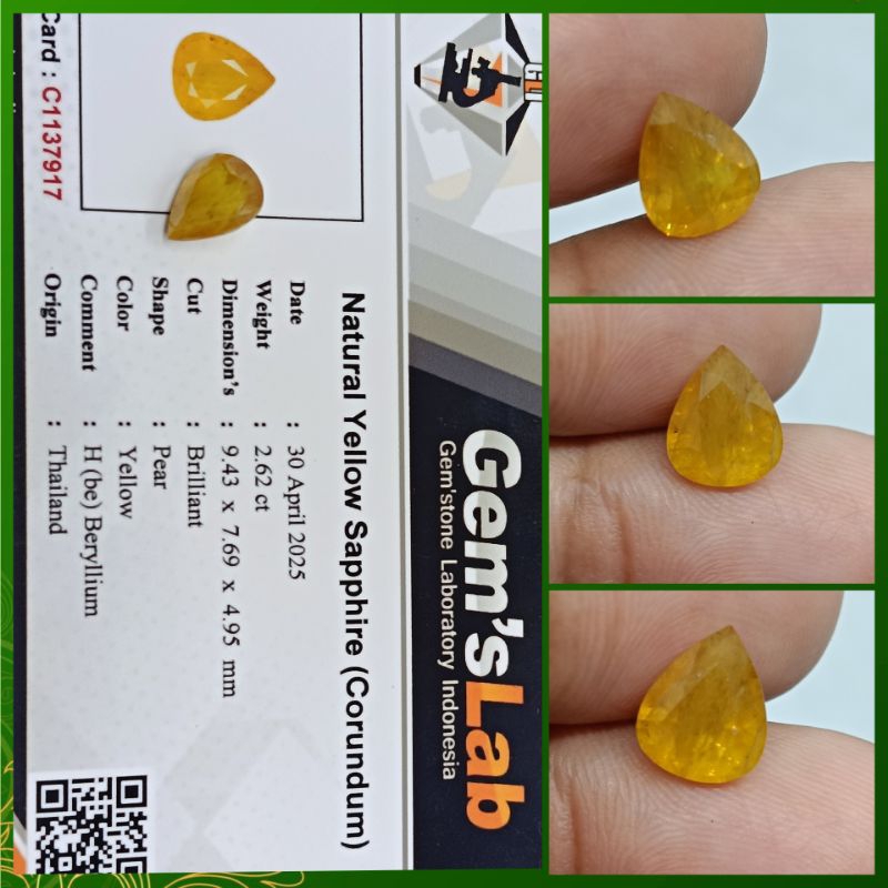 Natural Yellow Sapphire Thailand 2,6ct HBe memo GLI Safir Kristal