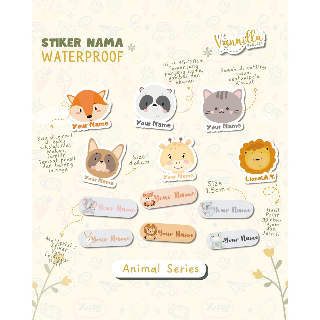 

Stiker Nama Animal Label nama Waterproof tahan air kiss cut