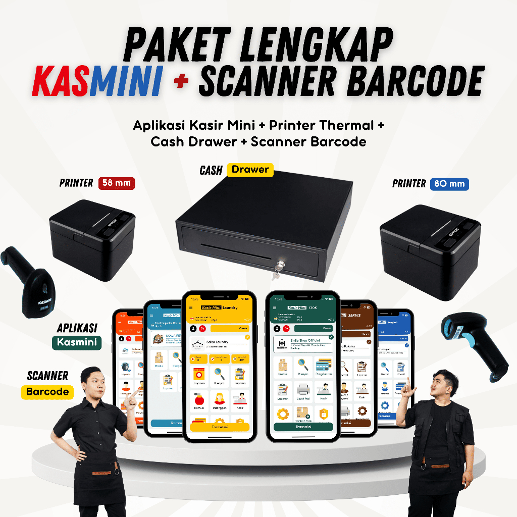 Paket Kasir Lengkap Plus | Aplikasi Kasir Kasmini + Printer Thermal + Cash Drawer + Scanner Barcode