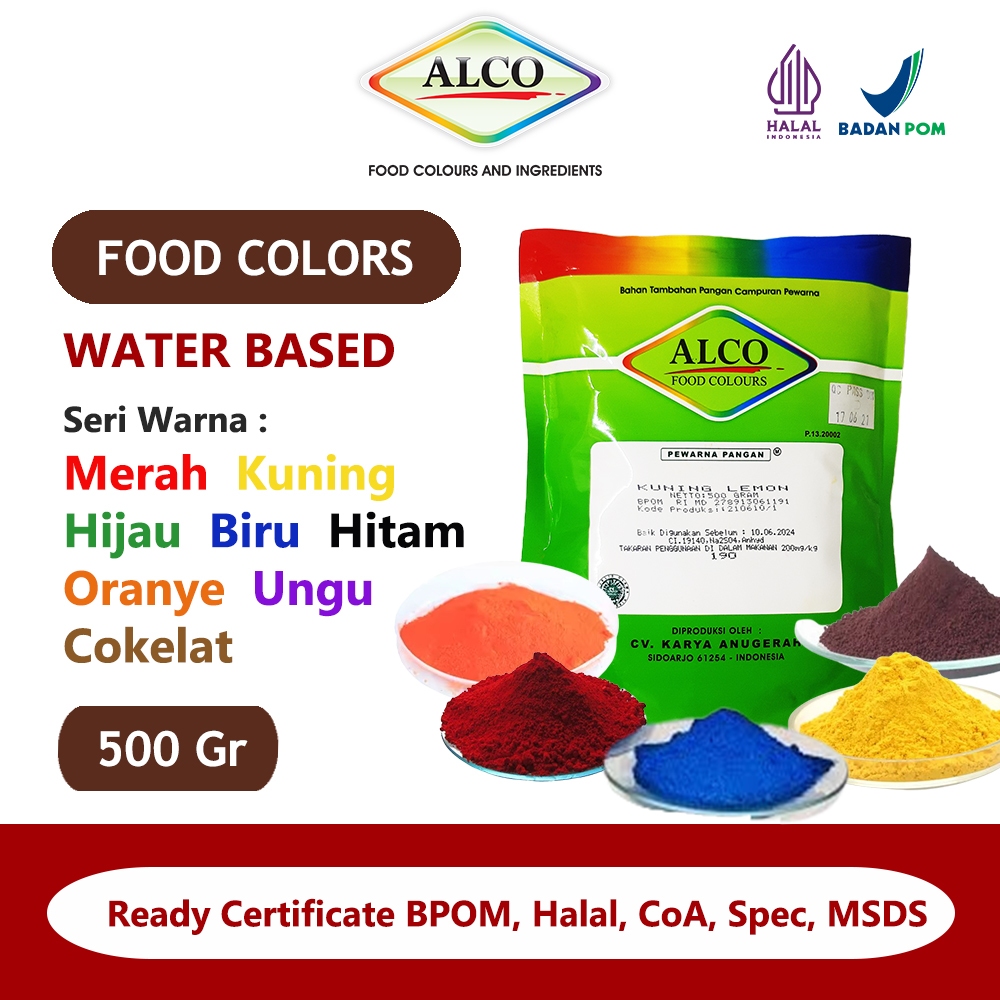 

Pewarna Makanan Kue Bubuk ALCO 500 gr Mixing Colour Warna Merah Kuning Hijau Biru Oranye Biru Ungu Hitam Coklat