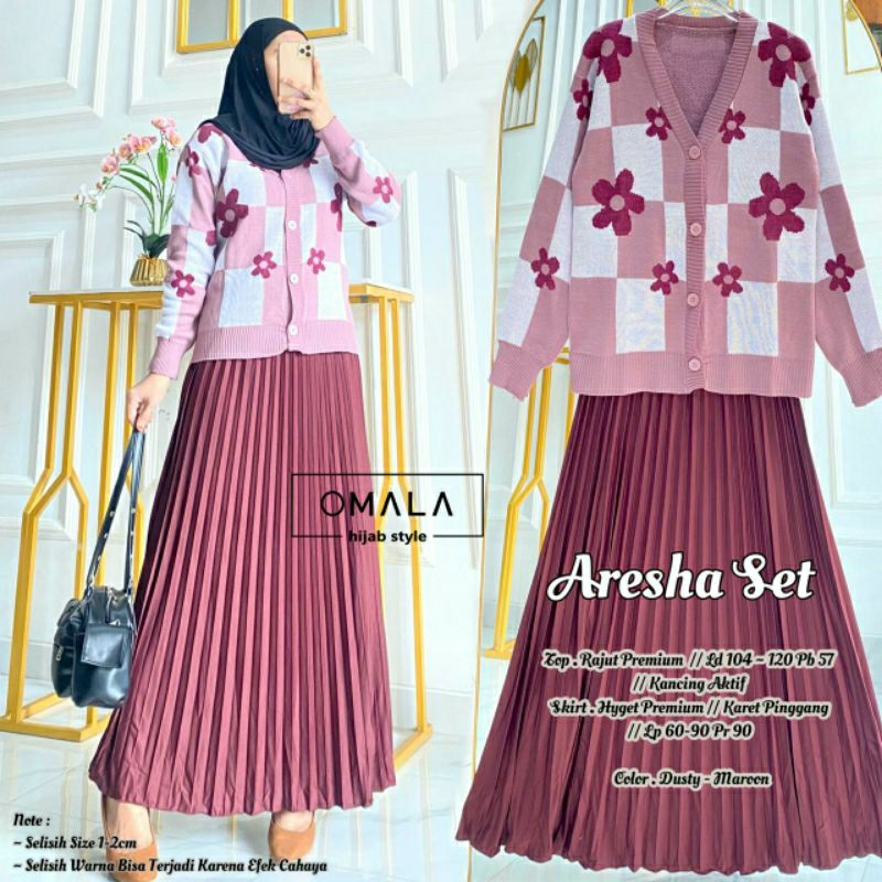 Aresha set cardigan rajut motif kotak kotak bunga setrok plisket remaja dewasa