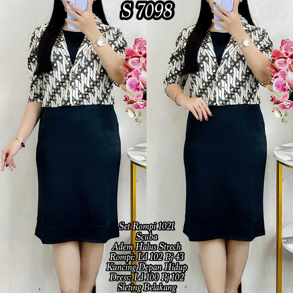 S 7098 #Midi Set Dress Rompi Scuba Batik 1021 Set Wanita Kasual