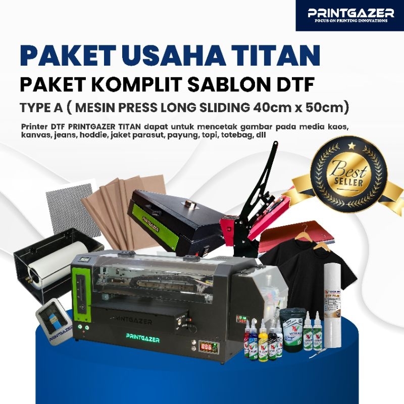 PAKET USAHA PRINTER DTF A3+ PRINTGAZER TITAN + OVEN DTF JUMBO + MESIN PRESS KAOS 40cm x 50cm