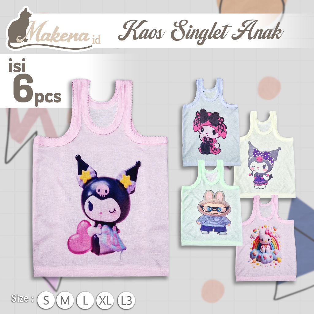 6pcs - Kaos Singlet / Kaos Dalam Warna Karakter Anak Perempuan Bahan Double Knit