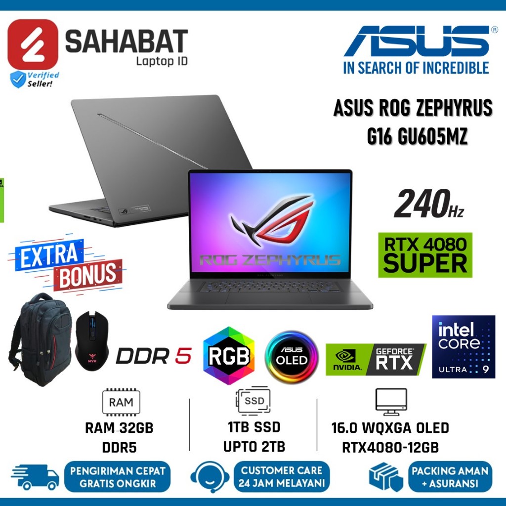 Asus Rog Zephyrus G16 Gu605mz Oled Intel Core Ultra 9 185h 32GB 2TB Rtx4090 16.0 Wqxga 240hz Win11