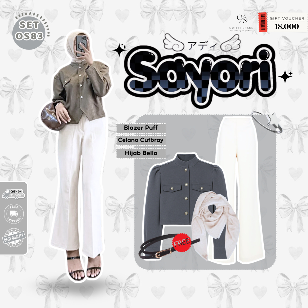 One set Cutbray Wanita Kekinian | Celana Cutbray Scuba Putih, Blazer Puff Grey, Hijab Bella Square B