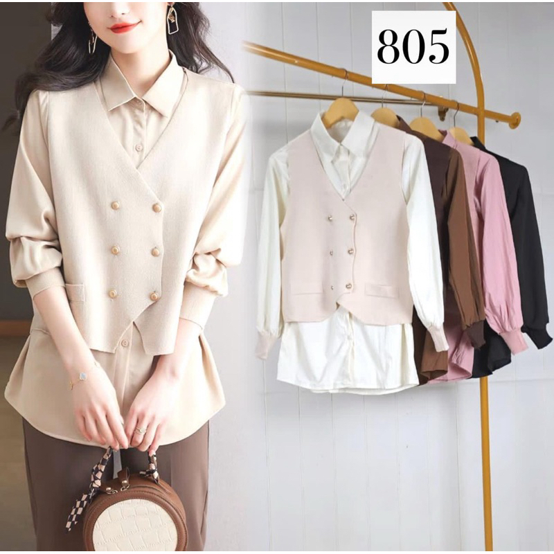 Frendi collection | Atasan 2in1 premium, Kemeja vest rajut kancing wanita import bkk, blouse rompi r